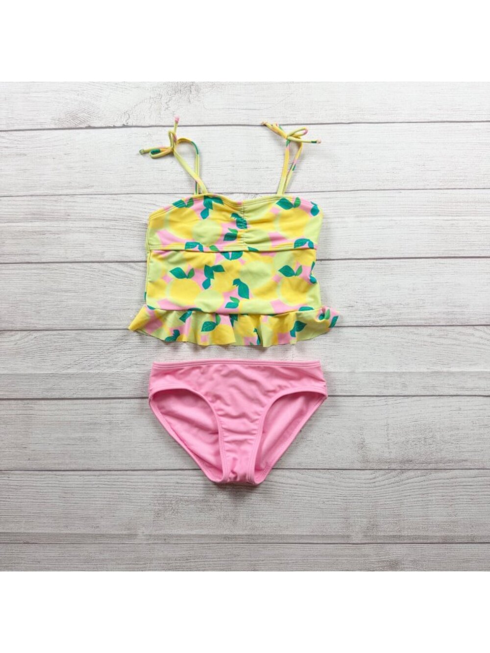 Cat & Jack Girls 2PC Lemon Print Tankini Swimsuit Set Yellow Pink M 8